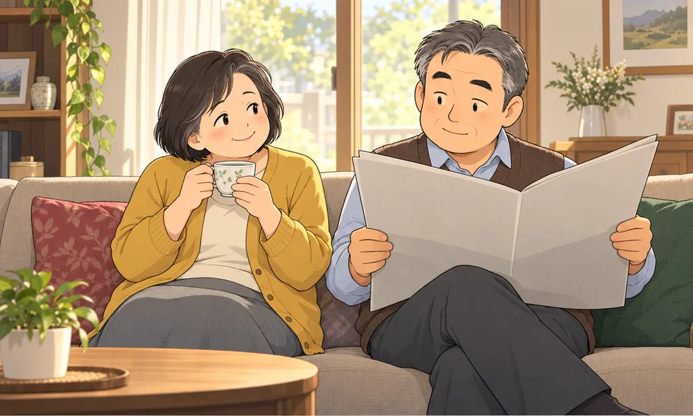 ソファでお茶を飲みながら、新聞を読む夫を見る妻