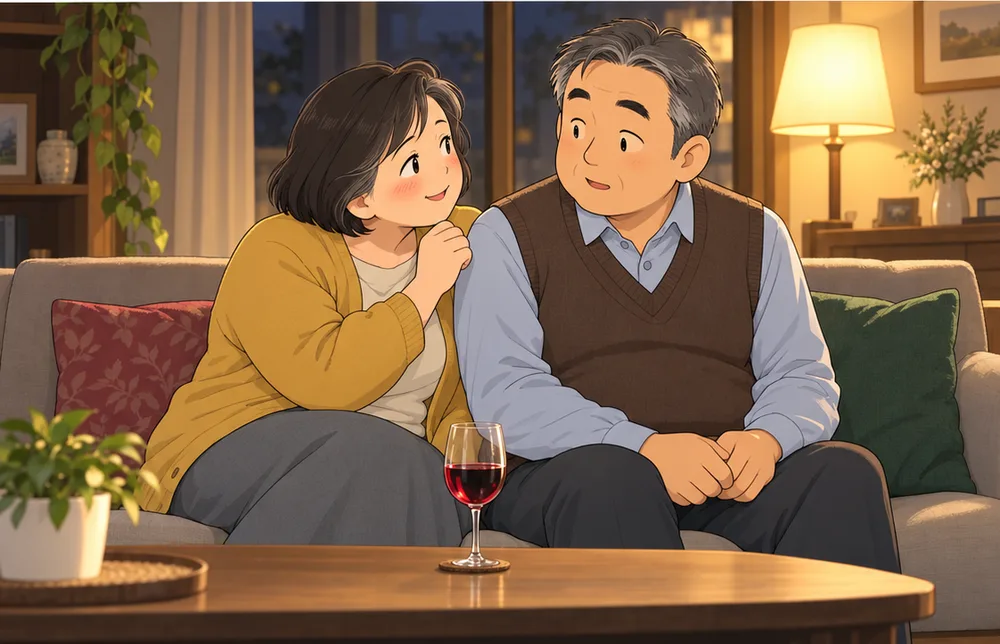 ワインを前に、ほおを赤くして夫に話しかける妻