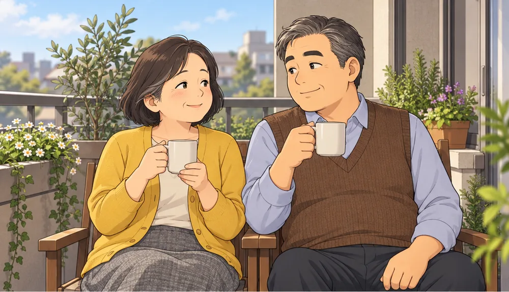 ベランダで並んでコーヒーを飲む夫婦