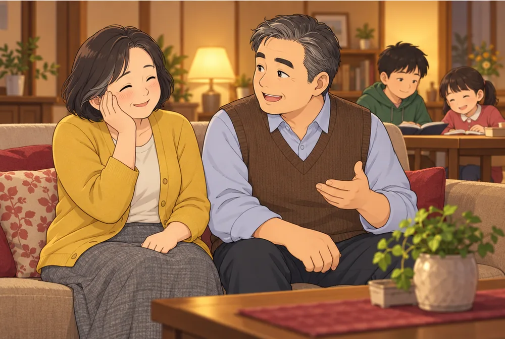 やさしく話しかける夫と、照れて笑う妻