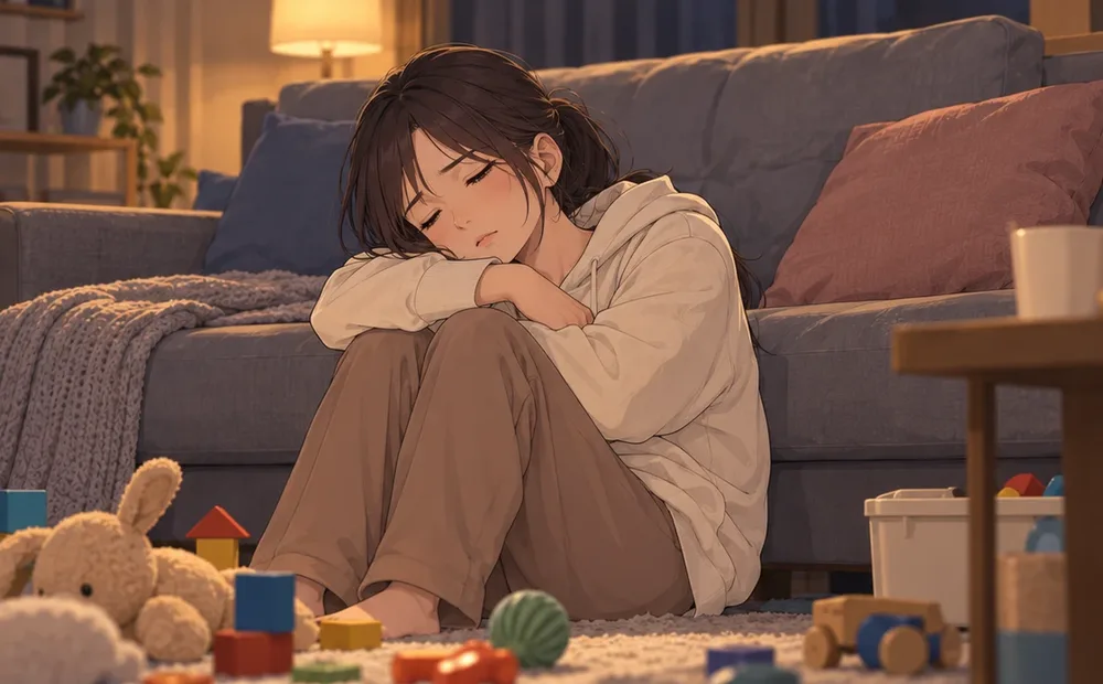 夕方の家。おもちゃが散らかった床で、ソファにもたれて目を閉じかけている、疲れきった妻