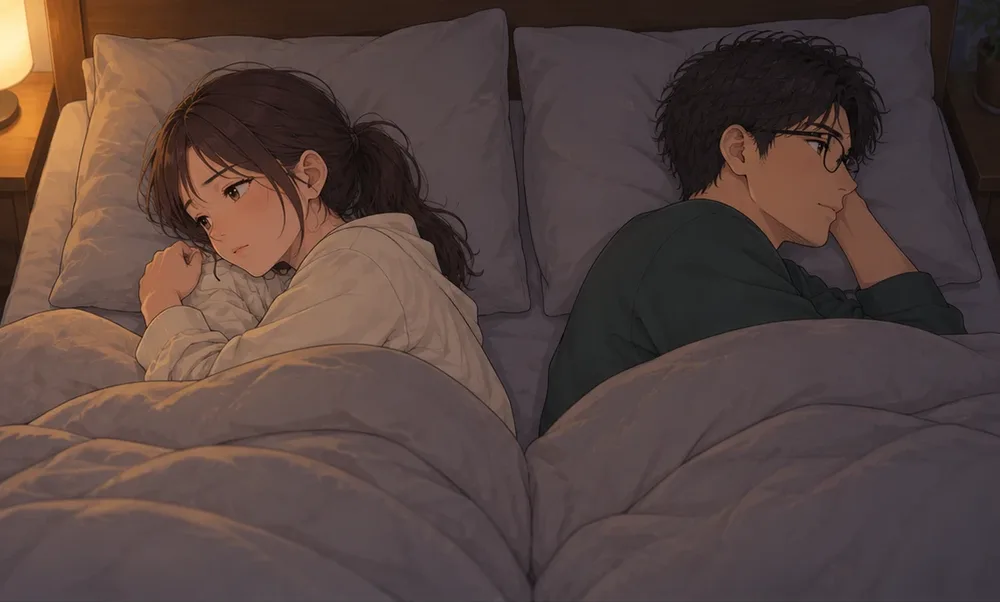 夜の寝室。同じベッドで、少し離れて背を向けて横になり、どちらも起きている夫婦