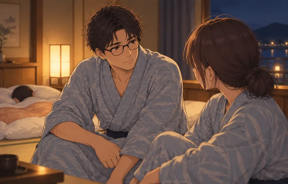夜の旅館の部屋。奥の布団で子どもが眠り、浴衣の夫が窓辺から妻のほうを振り向いている