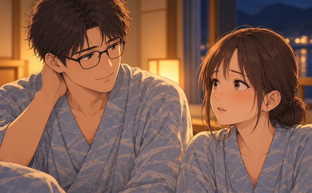 浴衣の妻の顔。静かに驚き、少し目をうるませて、表情がやわらいでいる
