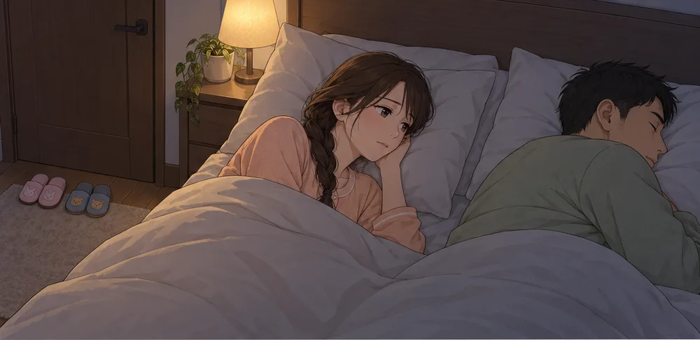夜の寝室で、背を向けて眠る夫を見つめる妻