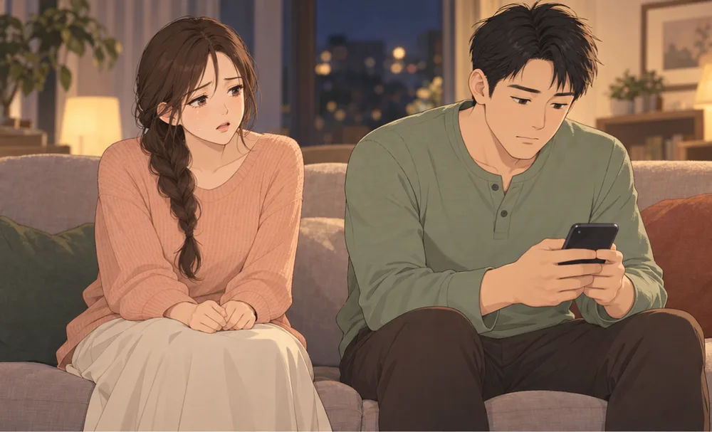 夜のソファで、涙ぐみながら話しかけようとする妻と、スマホを見ている夫