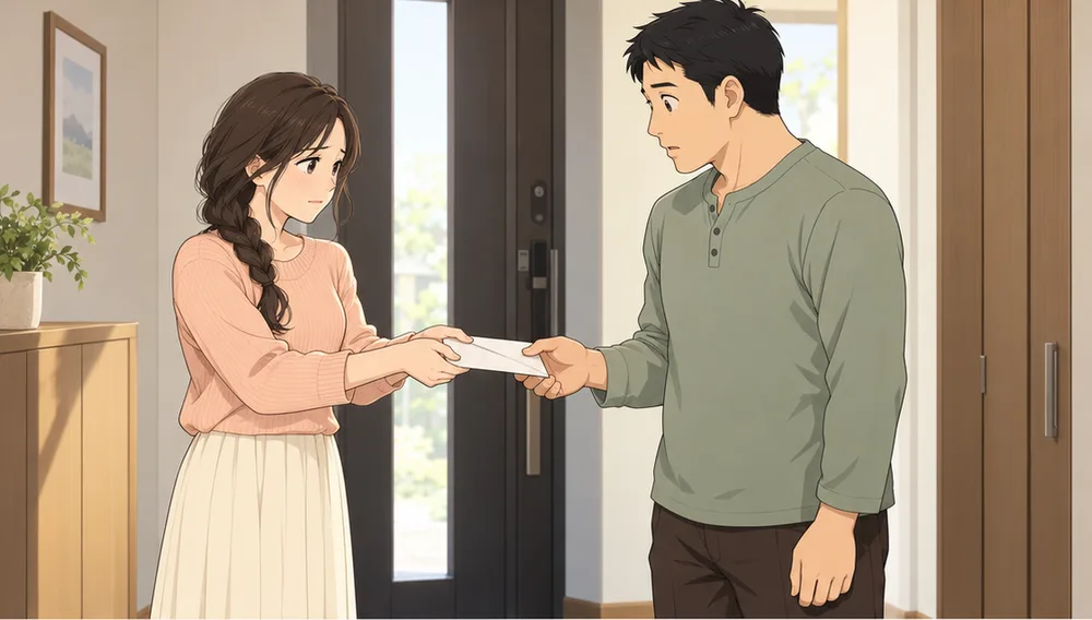玄関で、両手で封筒を渡す妻と、少し驚いて受け取る夫