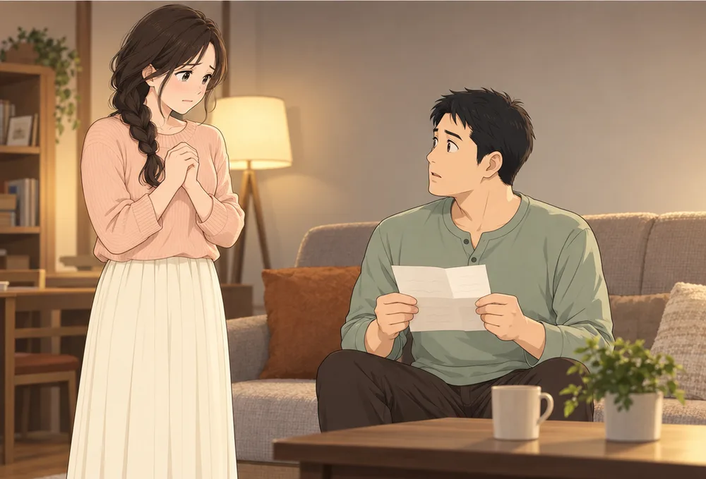 夜のリビングで、手紙を手にして妻を見上げる夫と、手を握りしめて立つ妻
