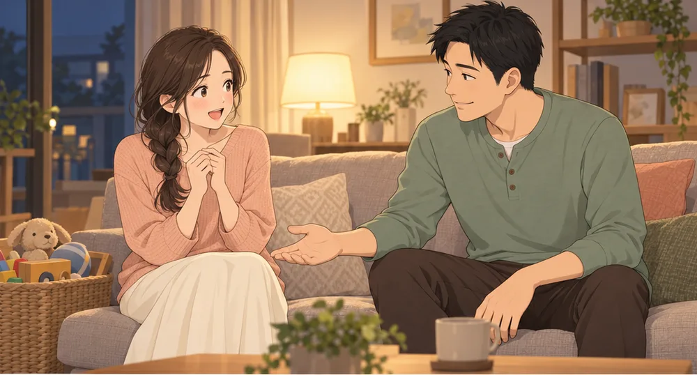 夜のソファで、妻に手を差し出してほほえむ夫と、うれしそうな妻