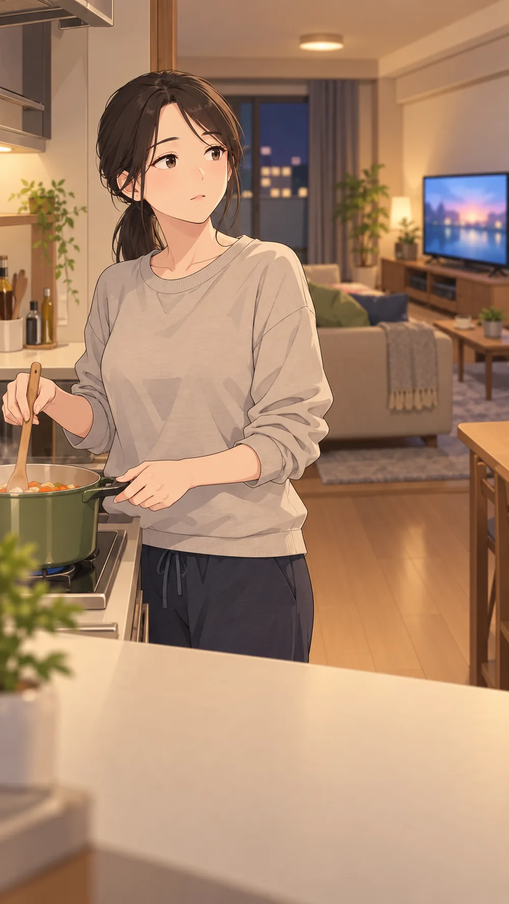 キッチンで料理の手を止め、ぼんやりする妻
