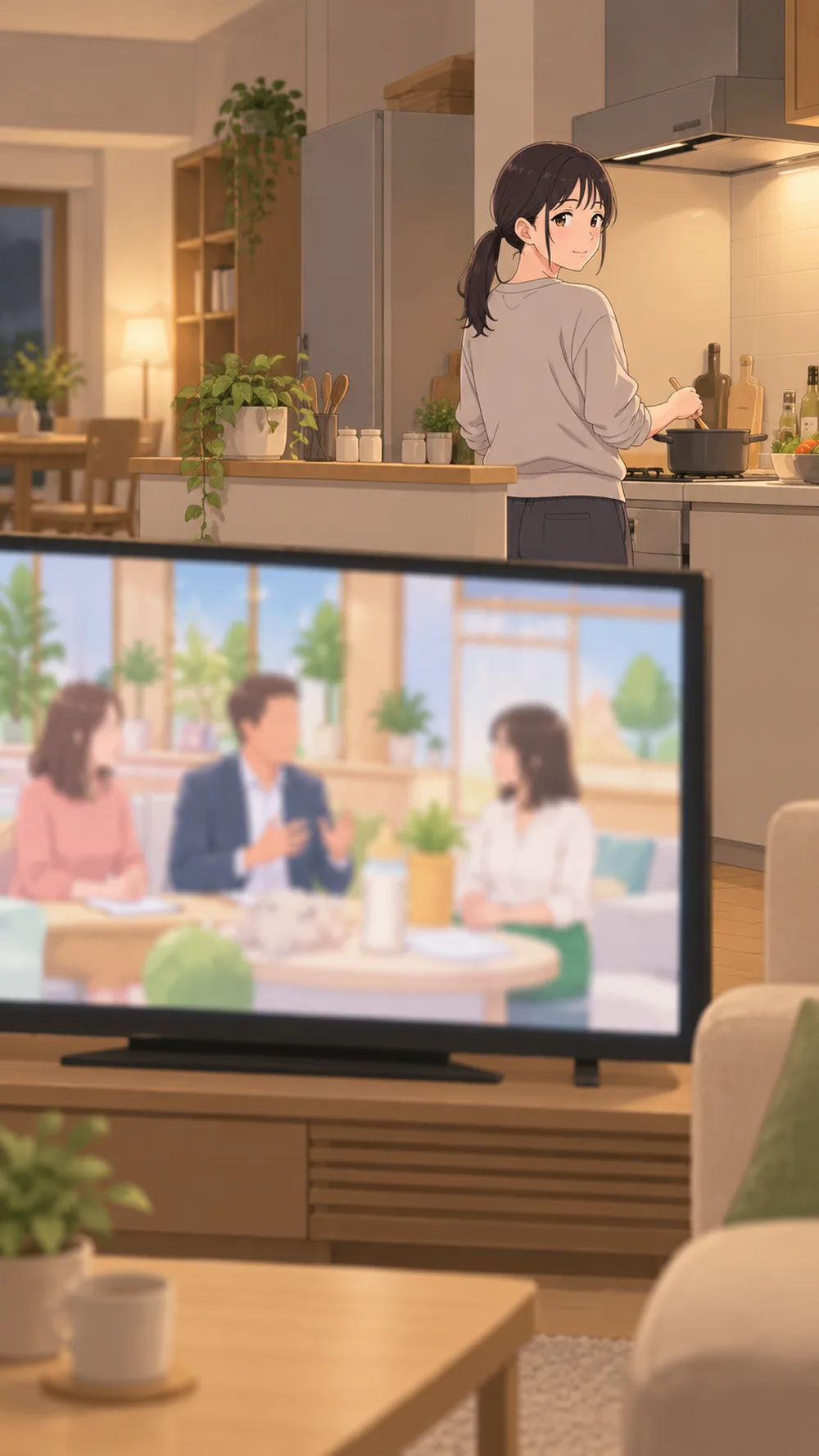 テレビの子育て番組を、料理しながら横目で見る妻