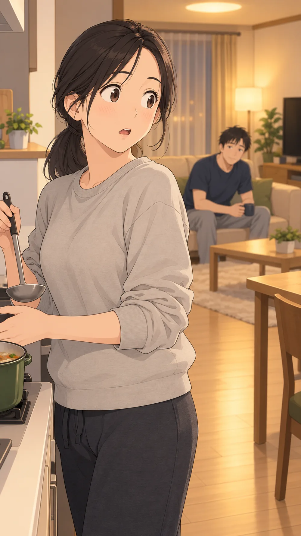 お玉を手に振り向き、ハッとする妻