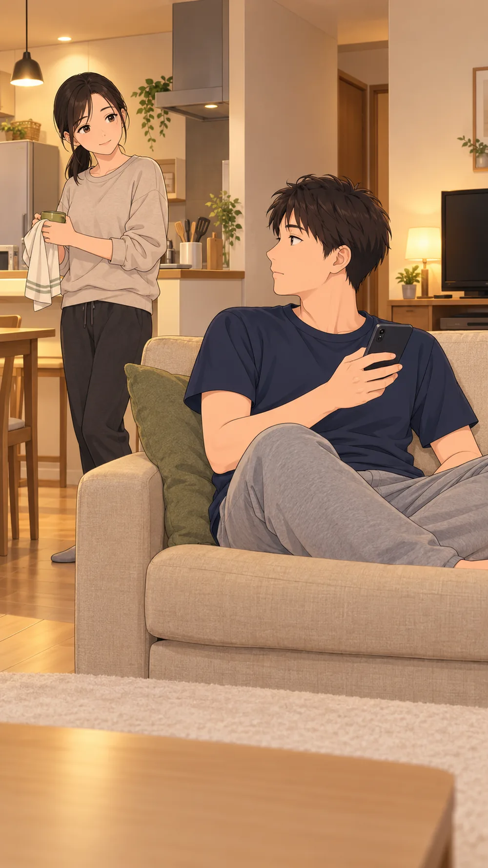 ソファでスマホを手に、あっさり答える夫
