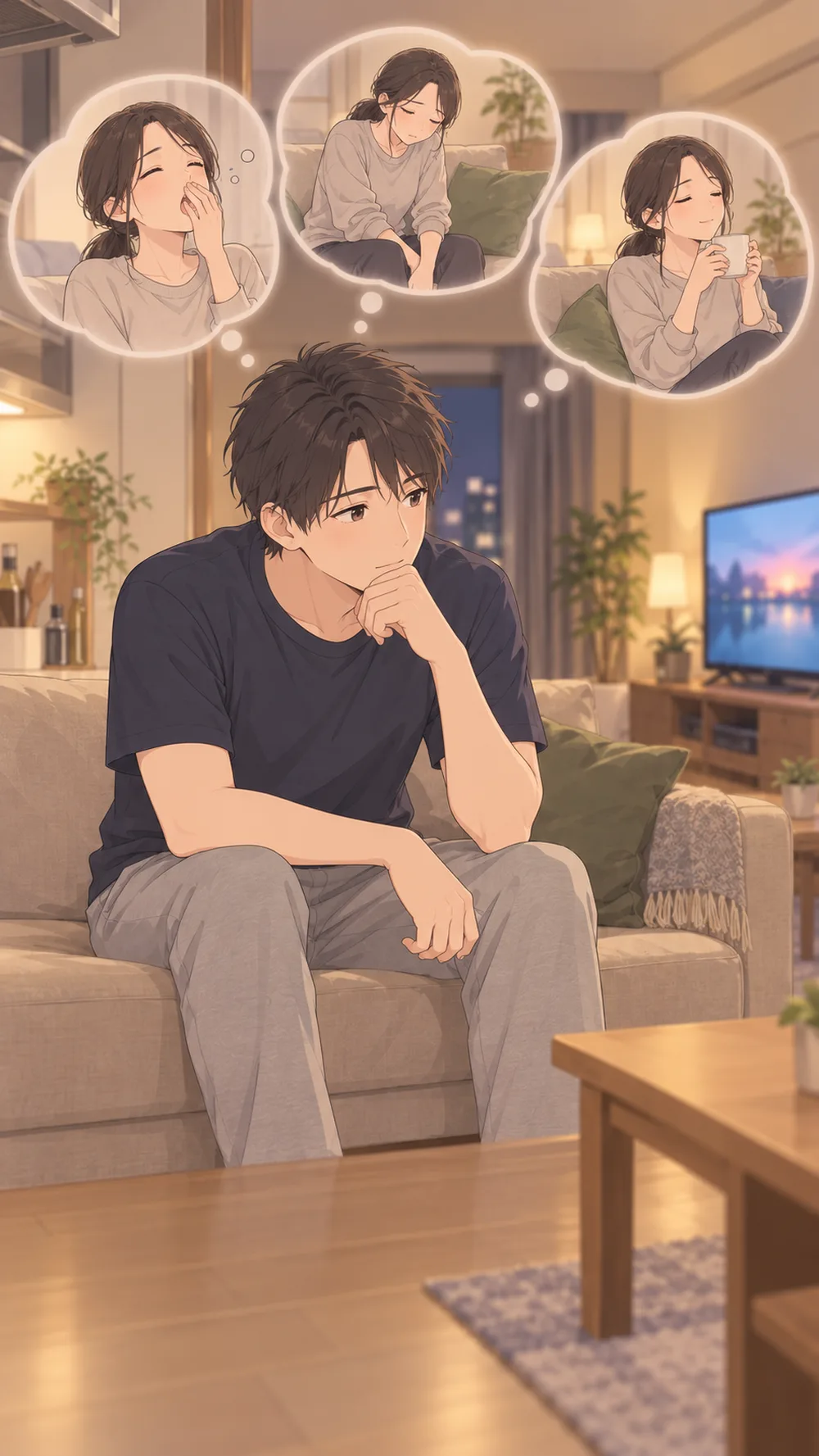 ソファで考えこむ夫と、疲れた妻の姿を思い浮かべた3つの吹き出し