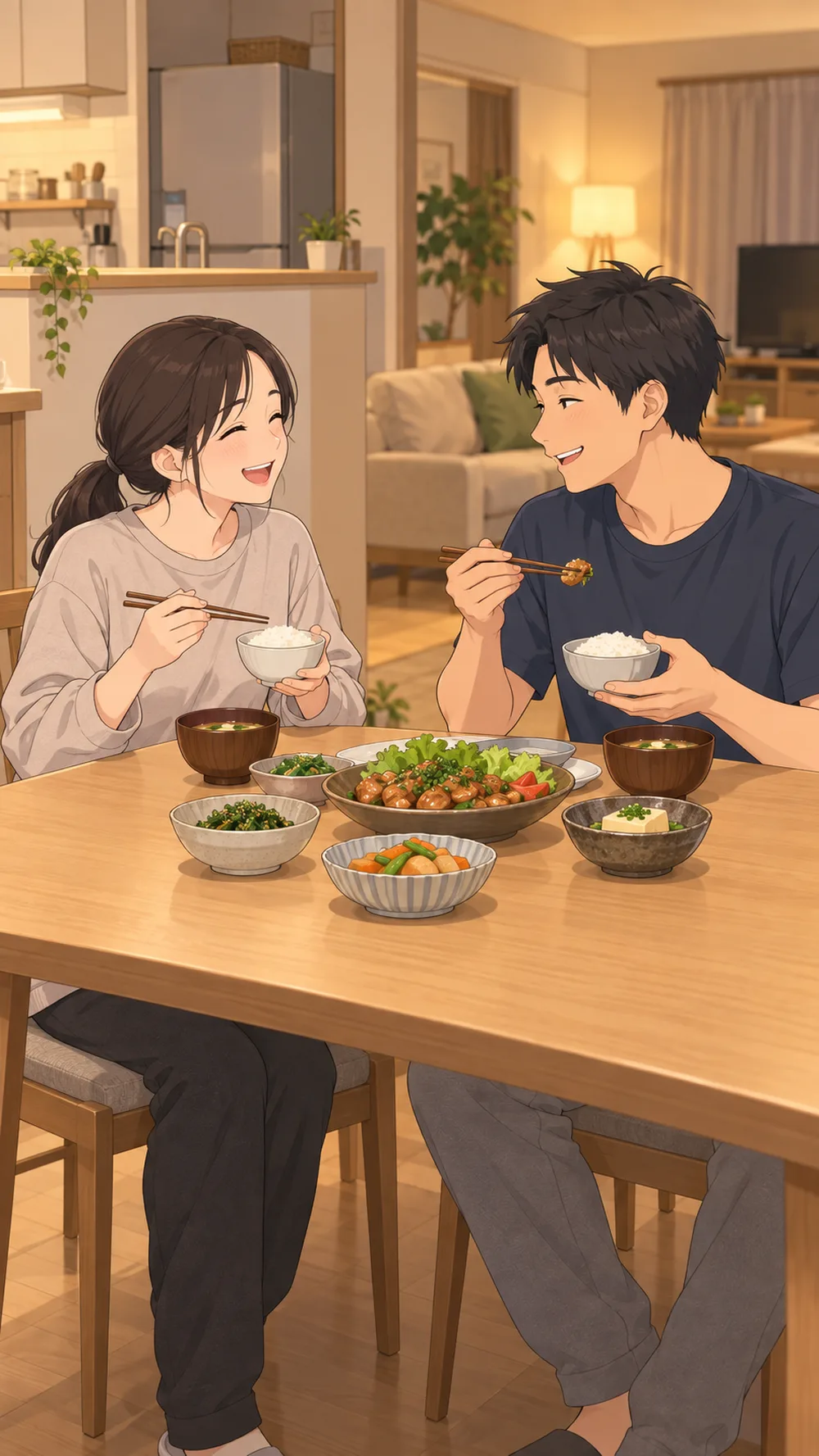 食卓で向かい合い、笑いながら夕ごはんを食べる夫婦