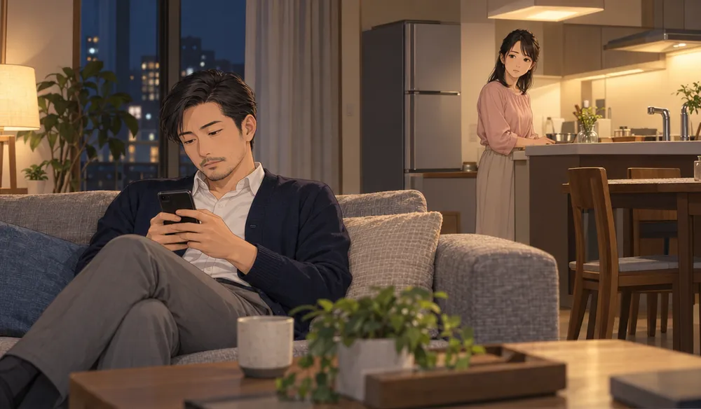 夜のリビング。ソファでスマホを見る夫と、奥の台所から夫を見ている妻