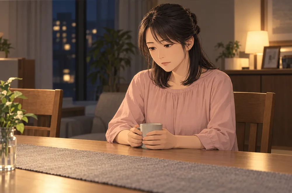 夜、ひとりでダイニングテーブルに座り、マグカップを持って考えている妻