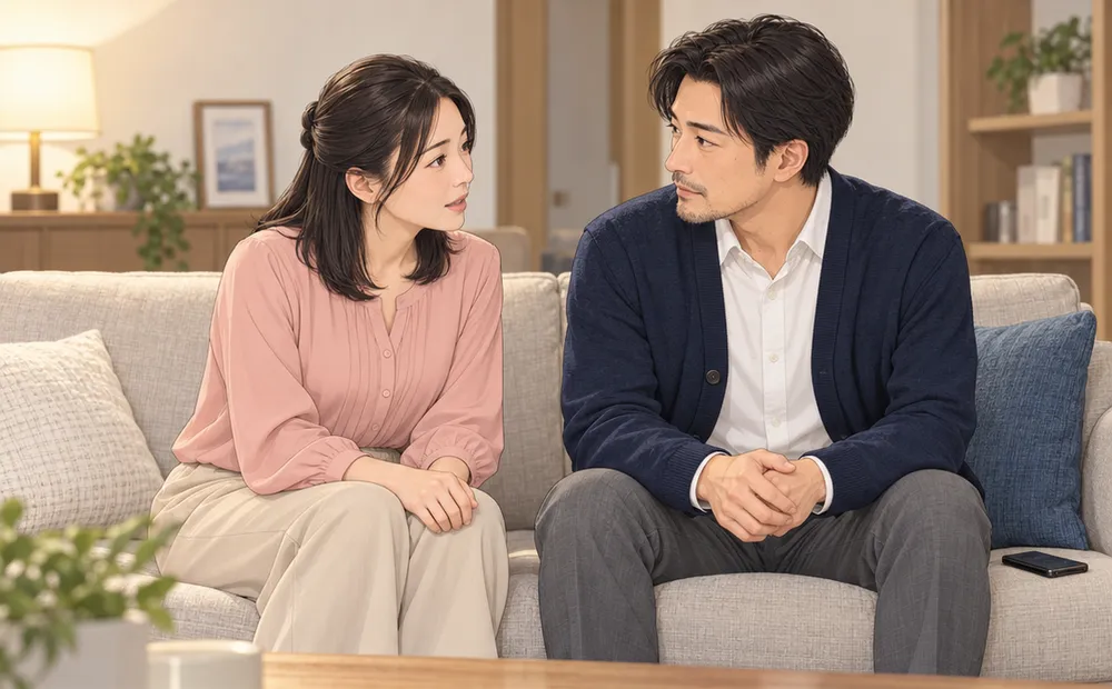 ソファで夫の隣に座り、まっすぐ話しかける妻。夫はスマホを置いて聞いている