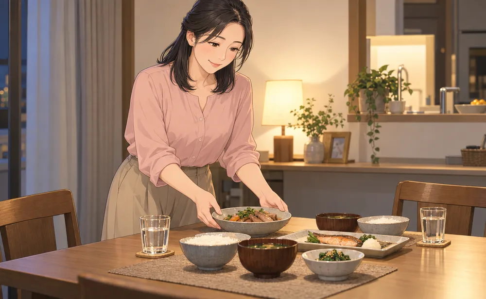 週末の夜。二人分の夕食を並べながら笑う妻