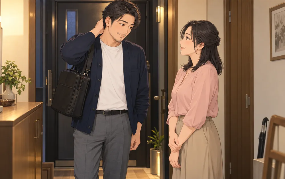 平日の夜の玄関。仕事から帰った夫が、照れたように妻に話しかけている