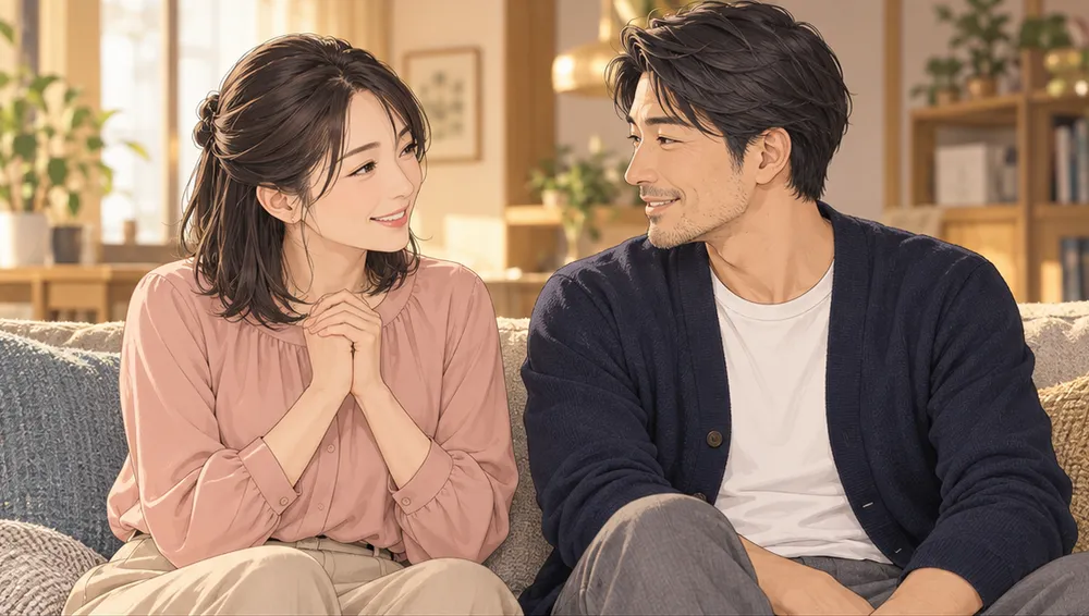 胸の前で手を合わせて喜ぶ妻と、笑いかける夫