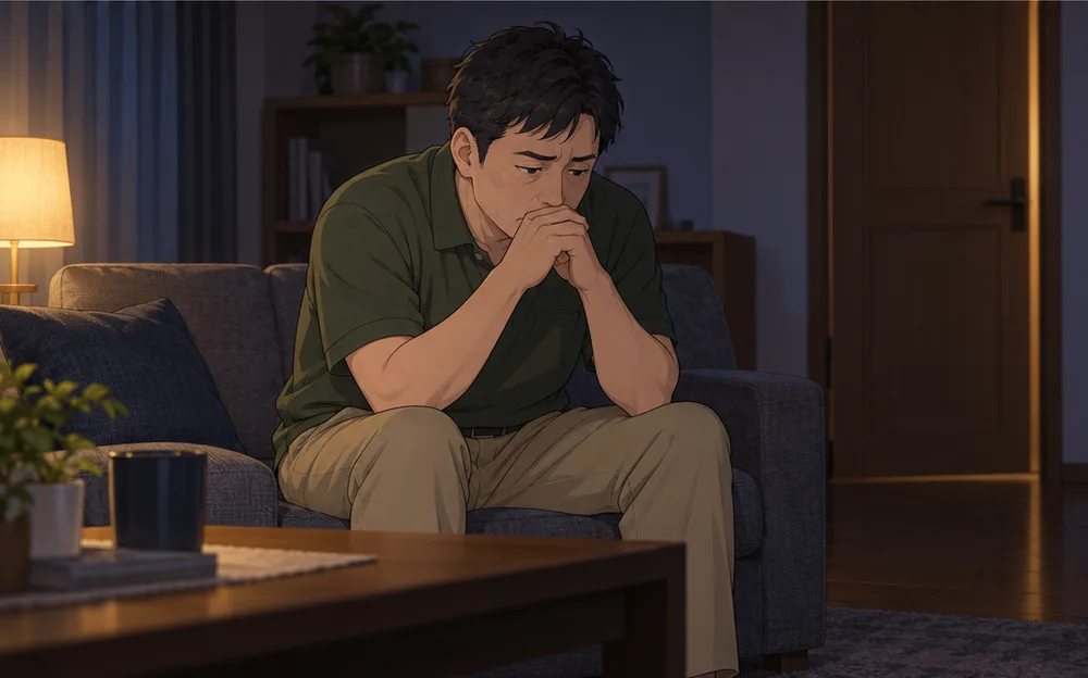 夜のリビングで、ひとりソファに座り考え込む夫