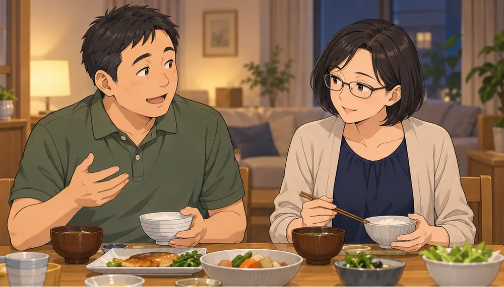 夕食の席で、仕事の話をする夫と、うなずきながら聞く妻