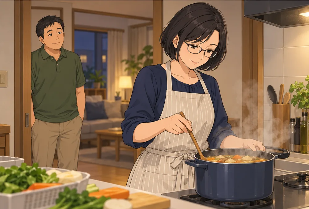 仕事帰りのまま台所で料理をする妻と、戸口から見ている夫