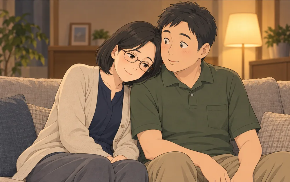 ソファで夫の肩にもたれる妻