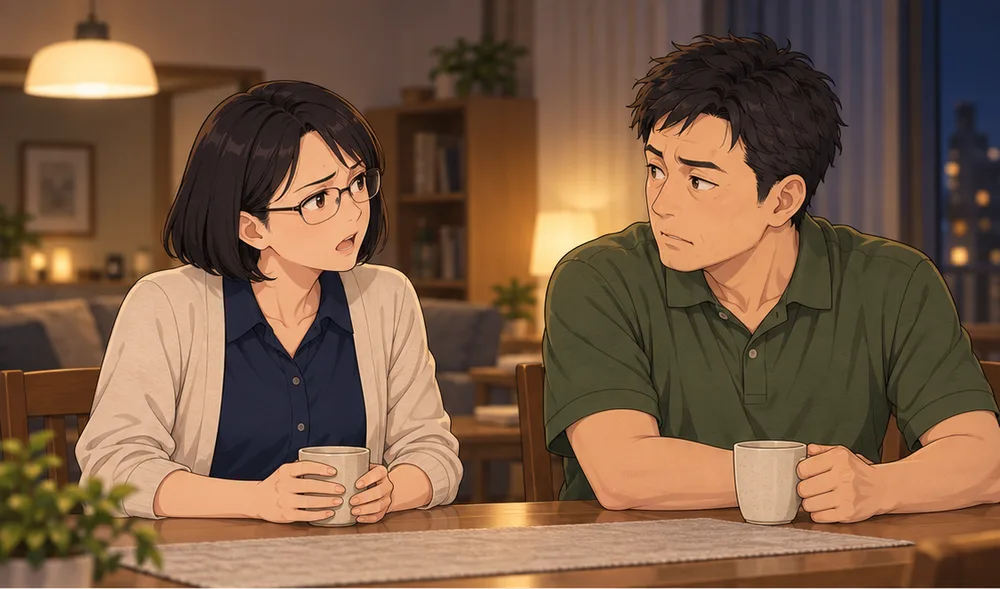 お茶を前に、本音を話す妻と、聞いている夫
